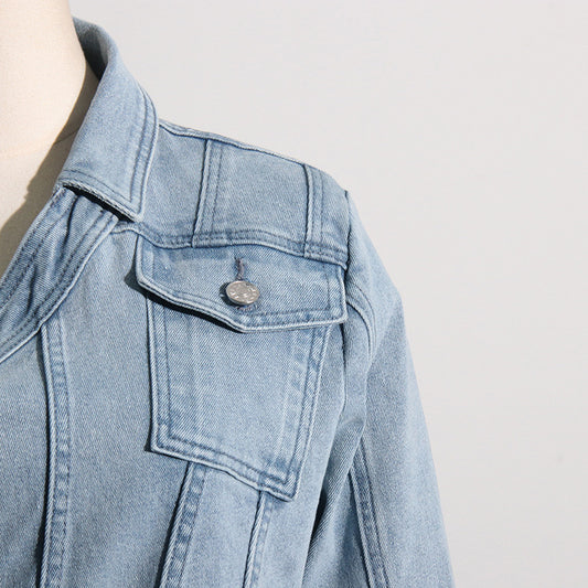 Faded Denim Light Blue Asymmetrical Hollow-Out One Sleeve Women's Irregular Jean Jacket
