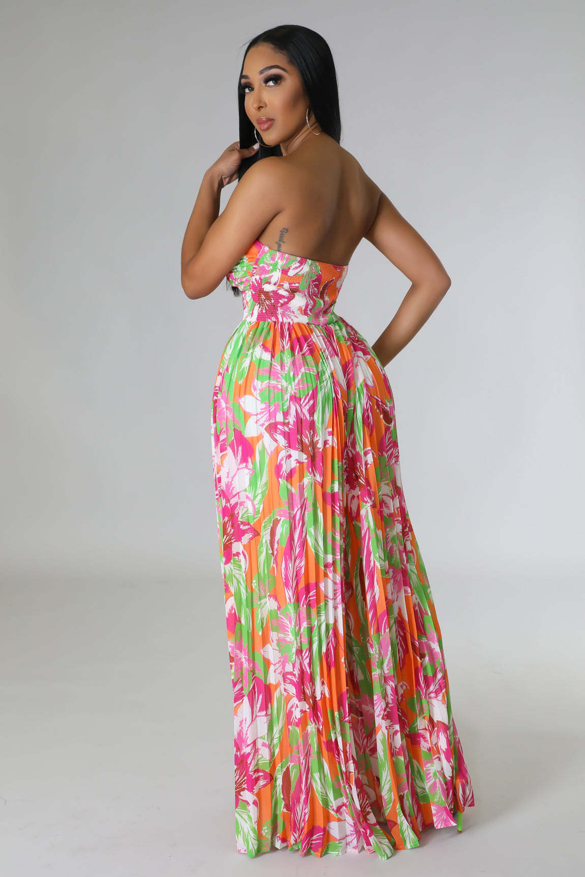 Pleated Sleeveless Tropical Floral Print Women's Hollow-Out Tube Top Wide Leg Pants Jumpsuit