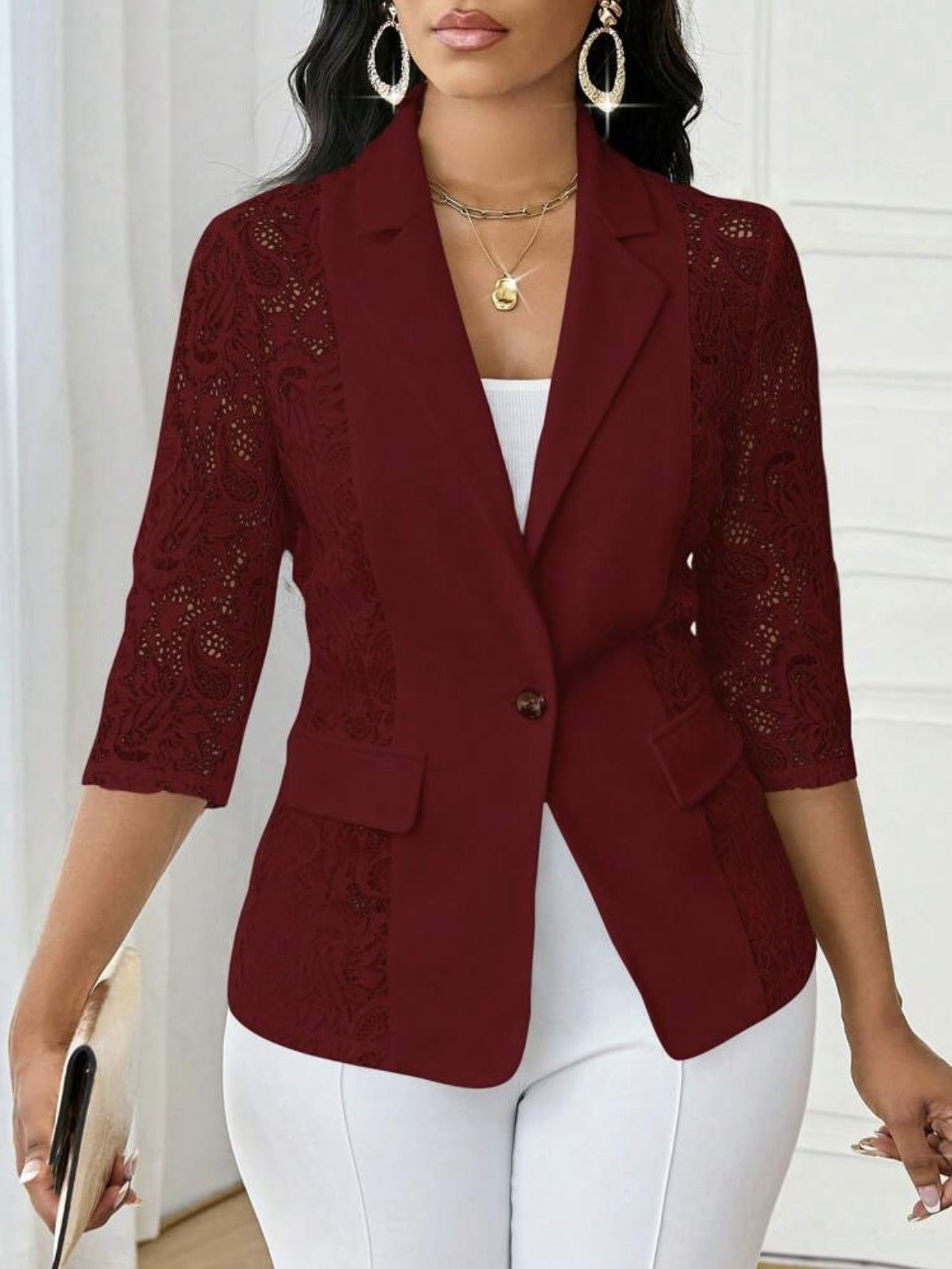 Lace Floral Solid-Color Lace Hollowed-Out 3/4 Sleeve Women's Blazer Jacket