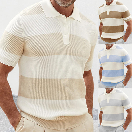 Men's Ribbed Knitted Striped Short Sleeve Turn-Down Collar Sweater Polo Shirt