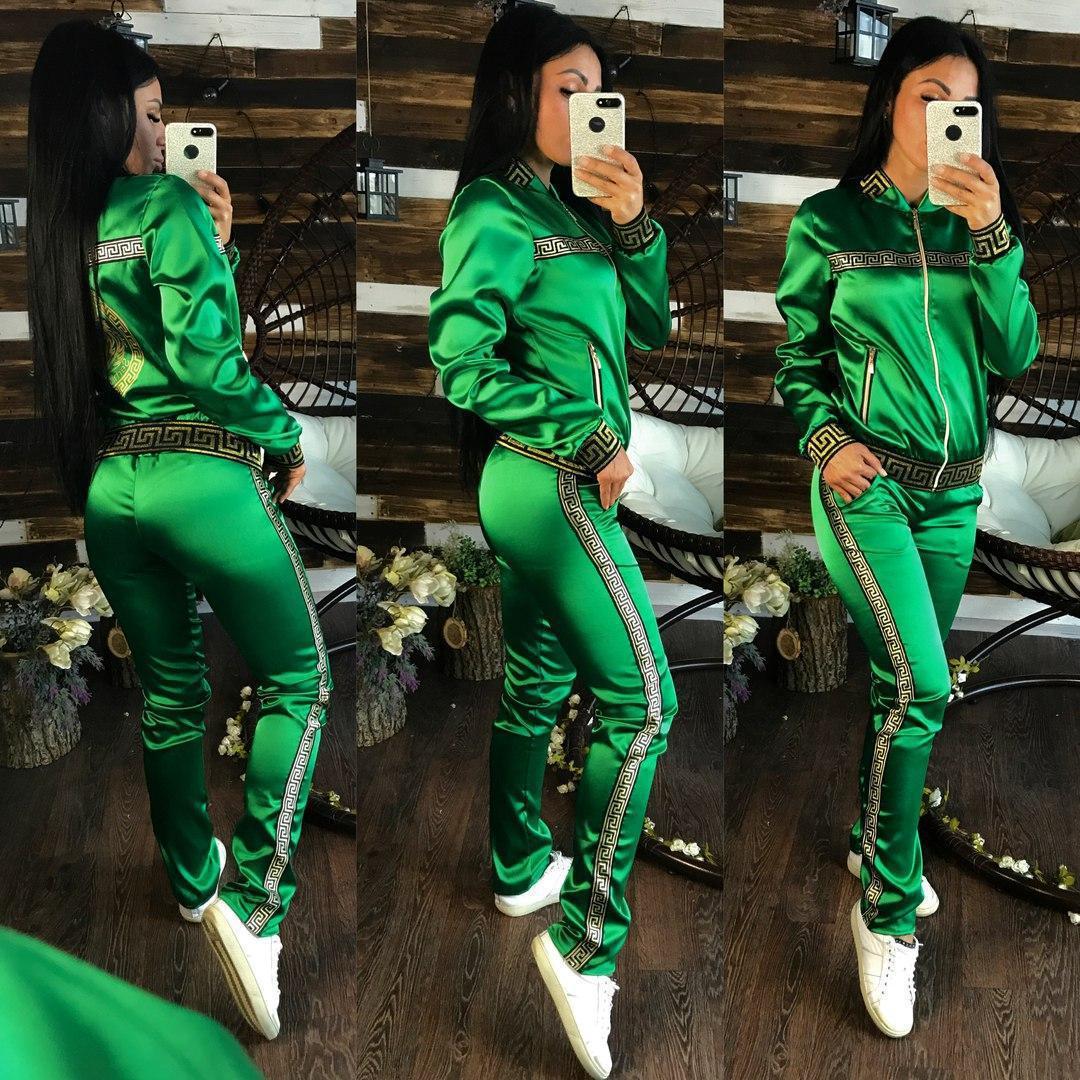 Satin Geometric Monogram Print O-Neck Women's Zipper Bomber Jacket + Sweatpants Tracksuit