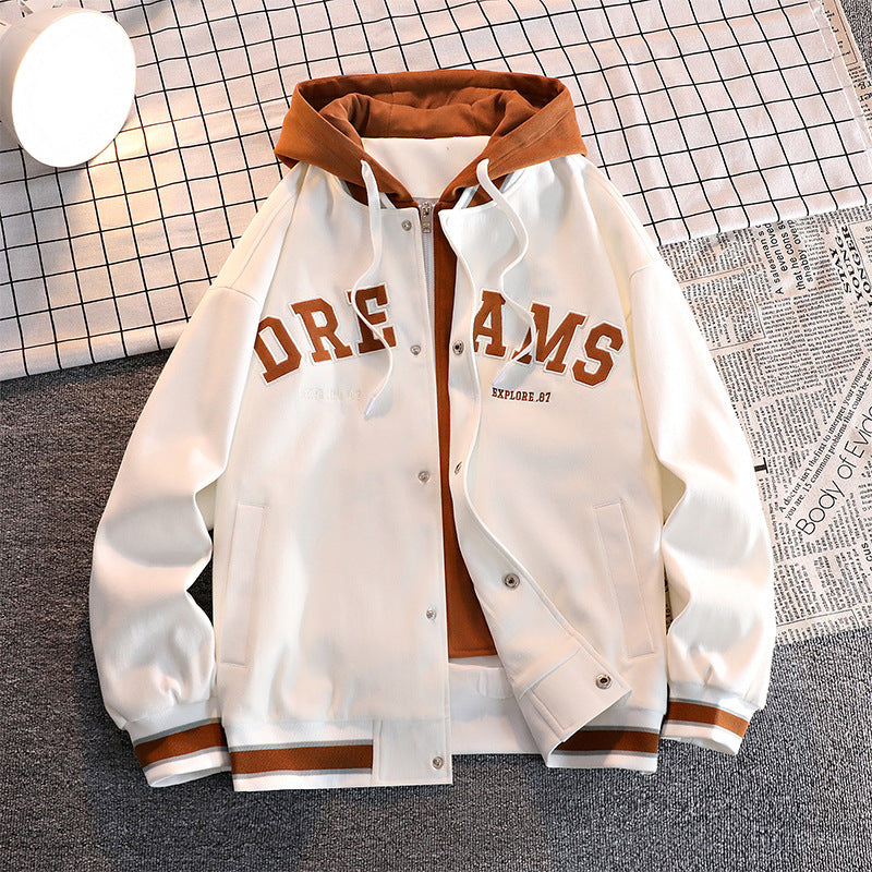 Men's Drawstring "DREAMS" Colorblock Print Button-Up Hip-Hop Hoodie Jacket