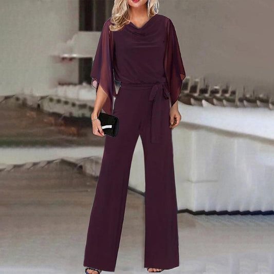 Sheer Long Sleeve Solid Color Women's High Waist Lace-Up Wide Leg Pants Jumpsuit to 3X Plus Size