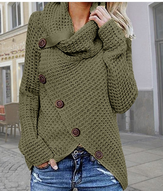 Turtleneck Button Design Long Sleeve Irregular Knitted Sweater