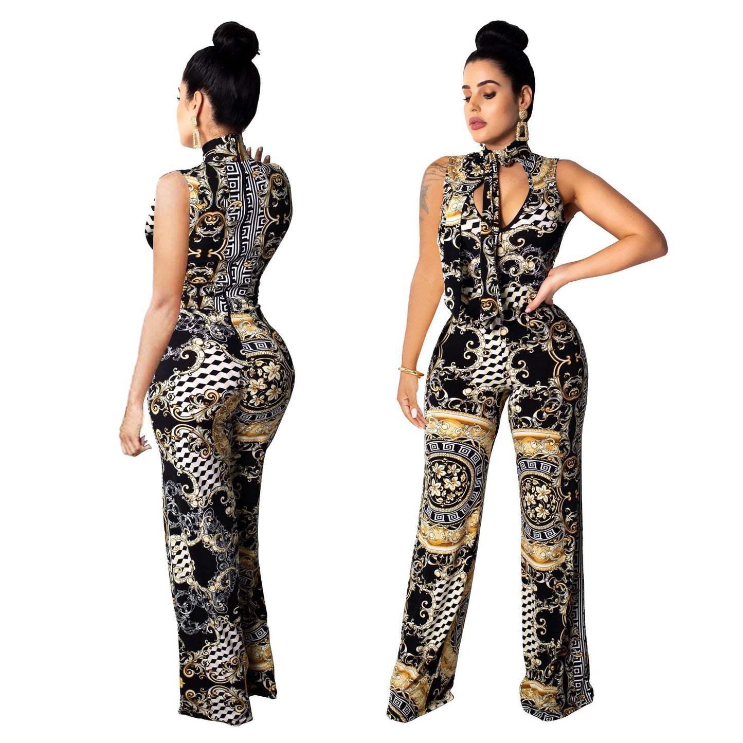 Baroque Yellow/White/Black Print Sleeveless Cut-Out Neckline Women's Jumpsuit