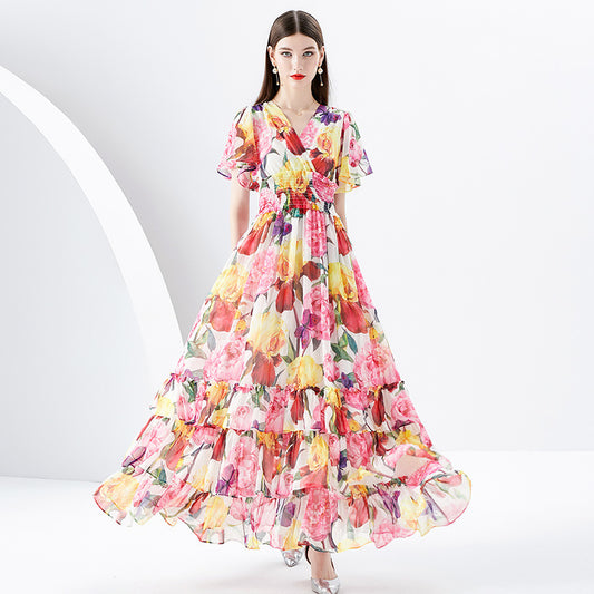 Rose Flower Multi-Colored Print Short Sleeve V-Neck Tiered Ruffled Maxi Dress