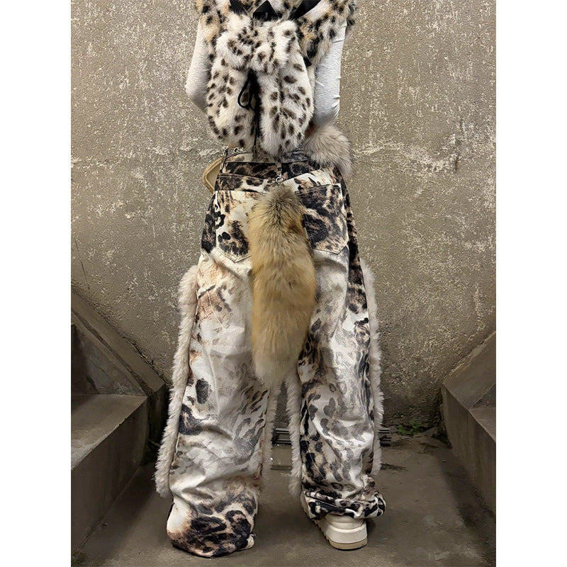 Vintage Denim White/Black Leopard Print Faux Fur Plush Tassel Fringe Design Women's Patchwork Jeans
