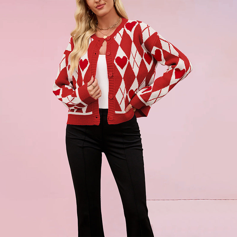 Valentine Heart Argyle Plaid Print Women's Knitted Button-Up Cardigan Sweater