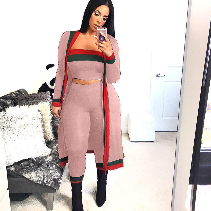 Colorblock Striped Long Sleeve Women's Maxi Cardigan + Tube Crop Top + Leggings 3-Piece Set to 3X Plus Size