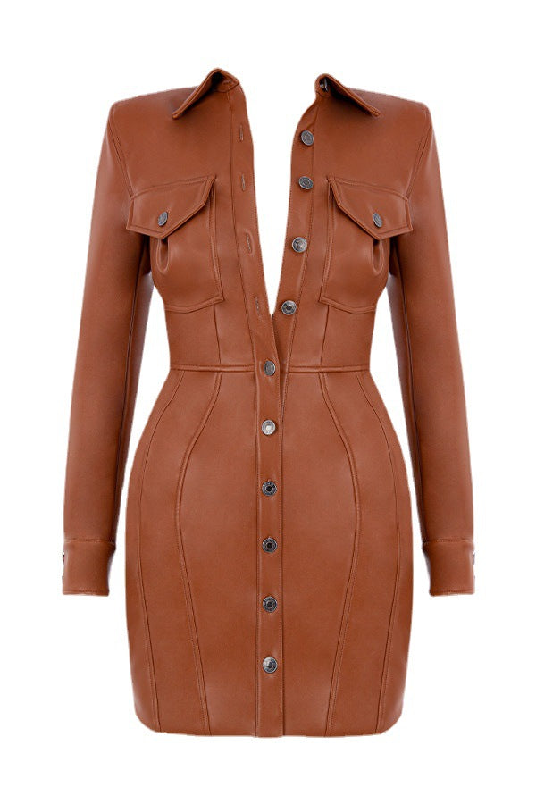 Sexy Brown PU Leather Turn-Down Collar Hollow-Out Back Design Long Sleeve Mini Dress