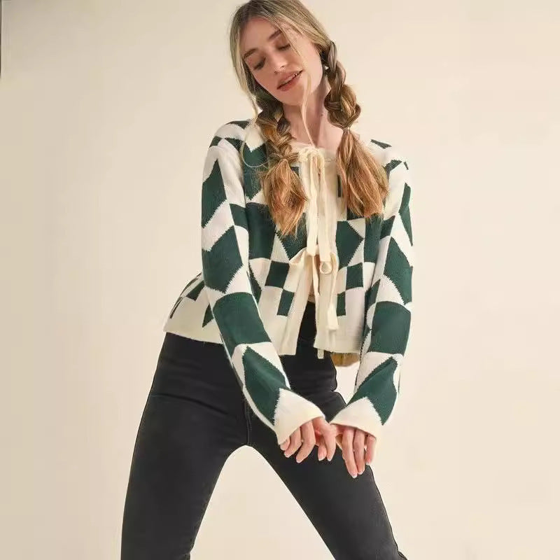 Geometric Pattern Lace-Up Cardigan Long Sleeve Women's Sweater