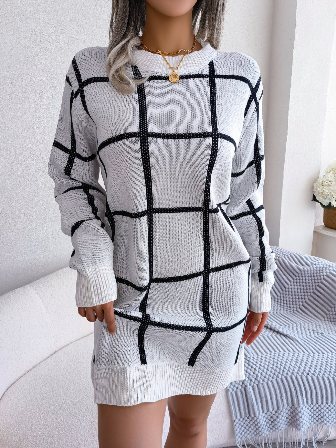 Colorblock Plaid Print Long Sleeve Base Mini Sweater Dress