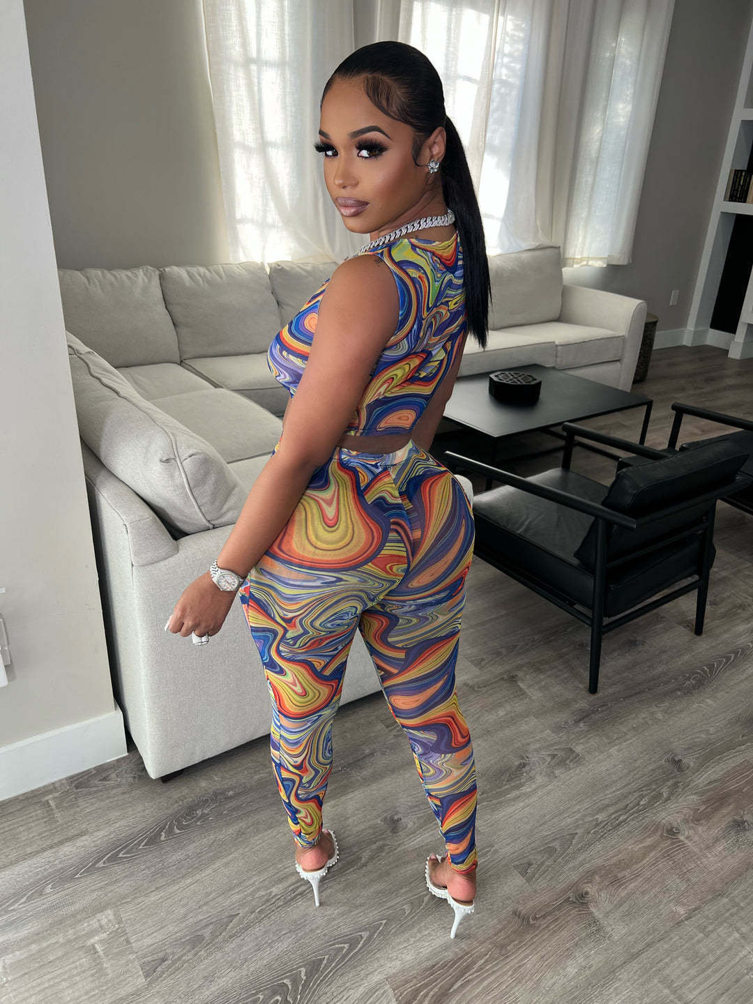 Swirl Print Sleeveless Lace-Up Women's Crop Top + Skinny Leggings 2-Piece Set