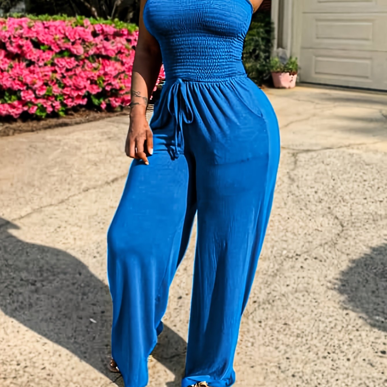 Sleeveless Waffle Pattern Solid Color Sash Belted Women's Tube Top Jumpsuit