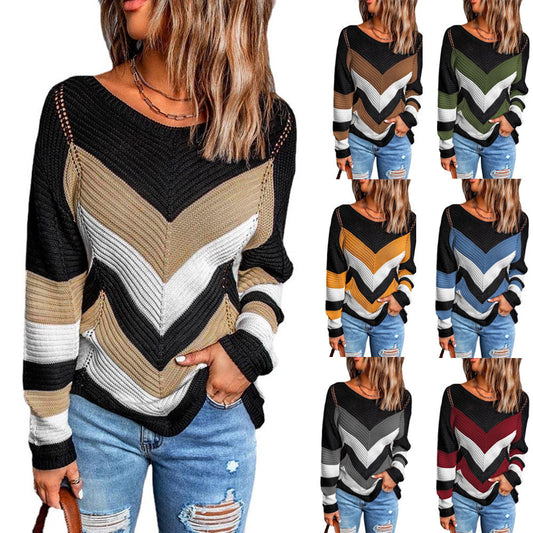 Diagnol Striped Colorblock Pattern Women's Knitted Long Sleeve Sweater to 3X Plus Size