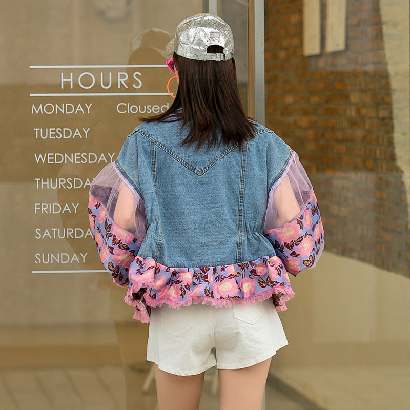 Rhinestone Denim Floral Tassel Fringe Design Lantern Bubble Sleeve Spliced Women's Jean Jacket
