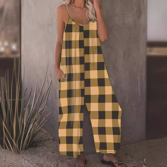 Checker Plaid Colorblock Women's Sling Spaghetti Strap Wide Leg Jumpsuit to 5X Plus Size