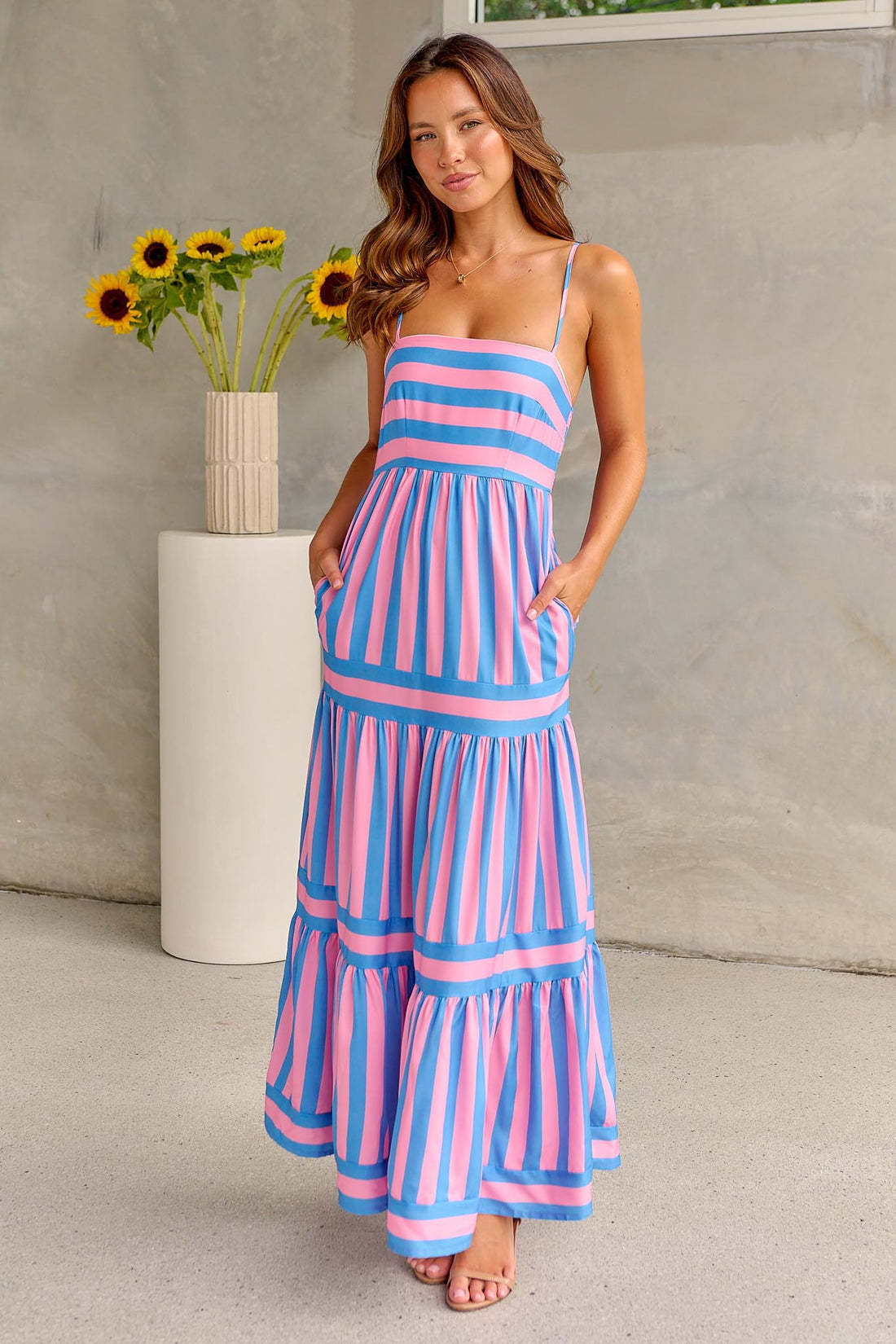 Striped Print Spaghetti Strap Square Neck Backless Maxi Tiered Beach Dress