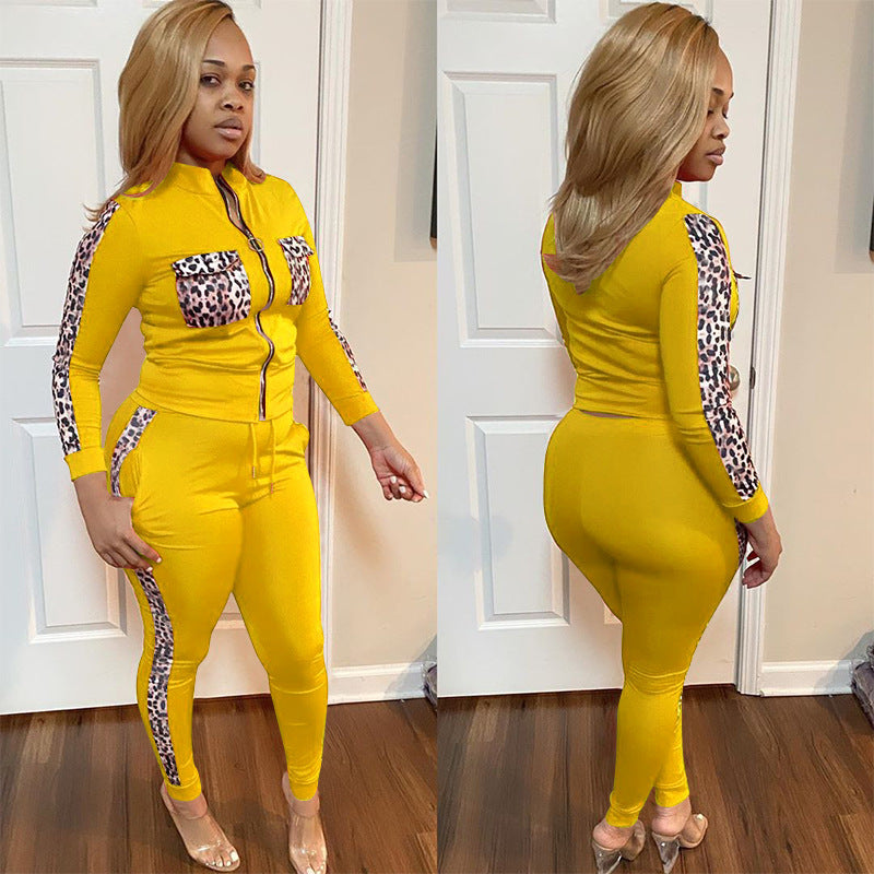 Leopard Colorblock Double Pocket Design Women's Zipper Sports Jacket + Side Striped Sweatpants Tracksuit to 5X Plus Size