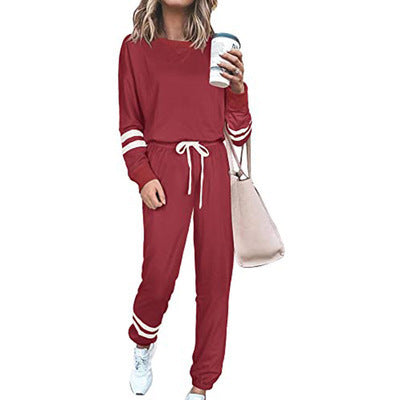 Side Striped Long Sleeve Women's Sport Top + Drawstring Sweatpants Tracksuit to 3X Plus Size