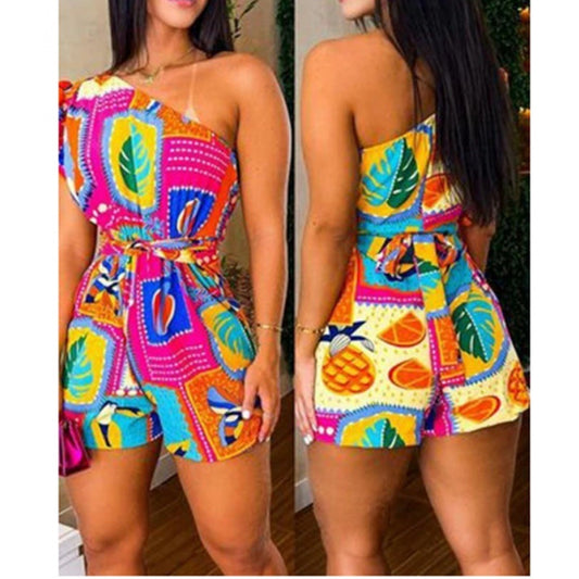 Tropical Print Women's Asymmetrical One Shoulder Ruffled Lace-Up Shorts Romper