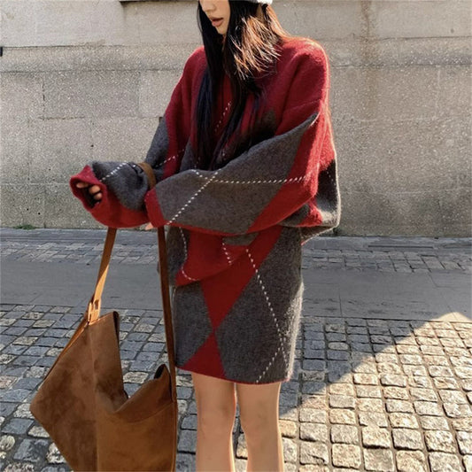 Plaid Argyle Knitted V-Neck Long Sleeve Sweater+ A- Line Mini Skirt Women's 2-Piece Set