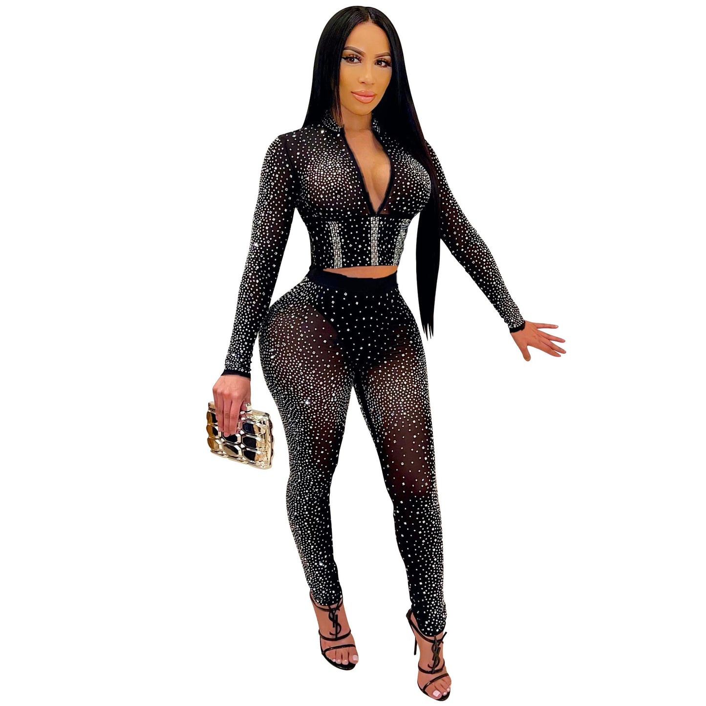 Geometric Hot Drill Sparkling Rhinestone Sheer Transparent Mesh Long Sleeve V-Neck Crop Top + Leggings 2-Piece Set