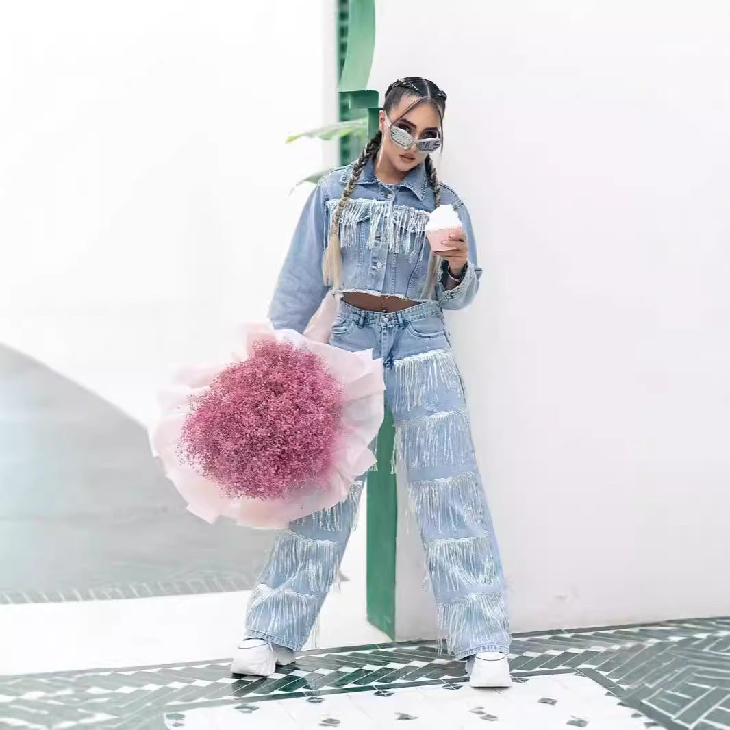 Sequined Denim Tiered Tassel Fringe Design Women's Straight Leg Jeans