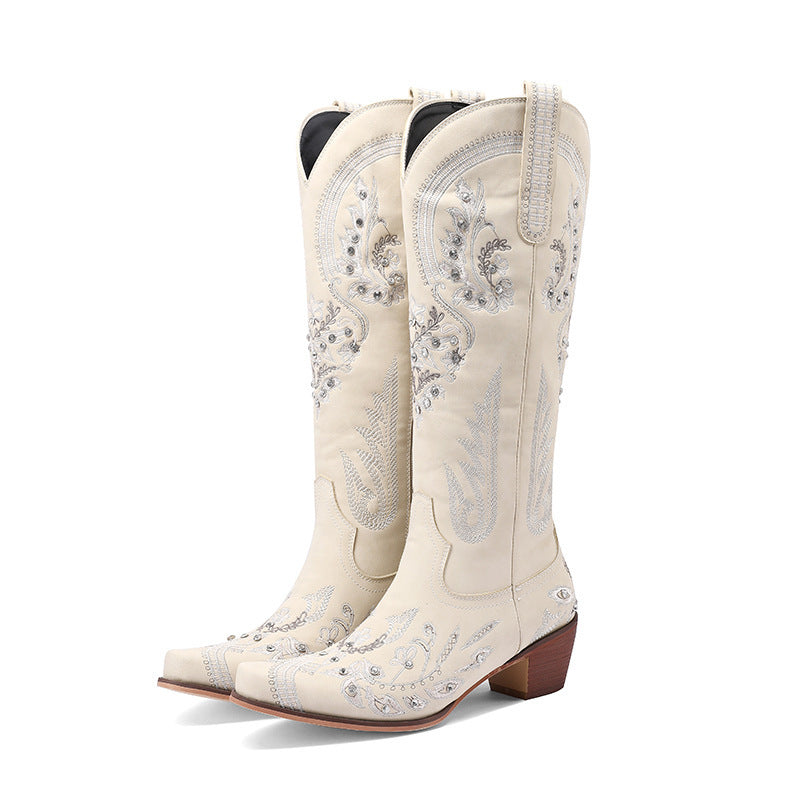 Embroidered Western Denim Retro Women's Knee-High Cowgirl Rodeo Boots