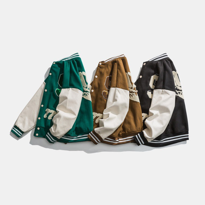 Men's Colorblock Letterman's Button-Up Baseball Varsity Bomber Jacket