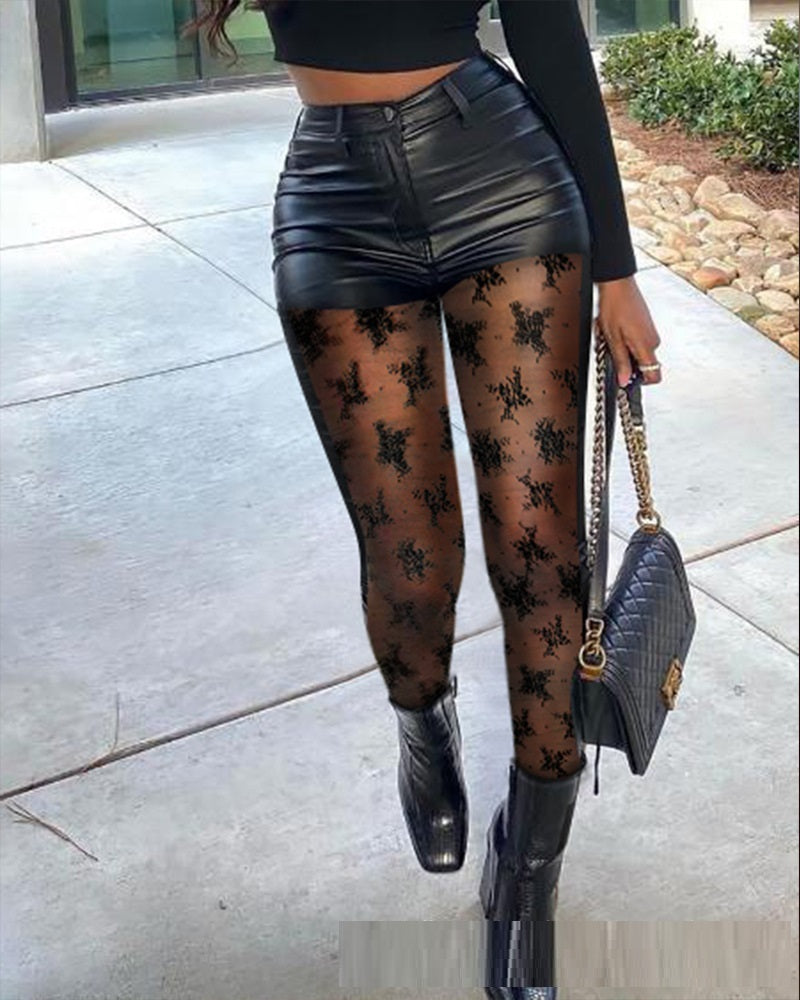 Black PU Leather Mesh Lace Women's Sheer Hollow-Out Women's Pants