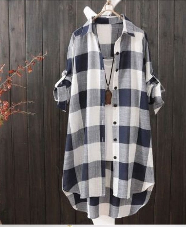 Plaid Checker Print Turn-Down 1/2 Sleeve Maxi Blouse to 3X Plus Size