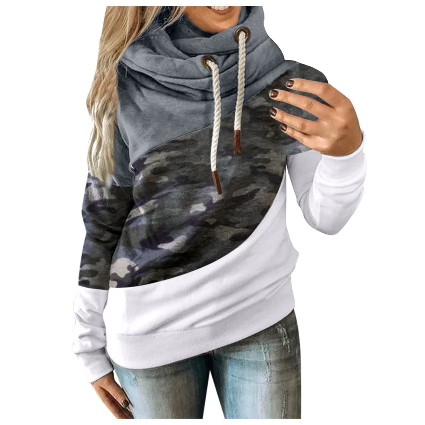 Colorblock Camoflauge Long Sleeve Drawstring Hoodie Sweatshirt to 3X Plus Size