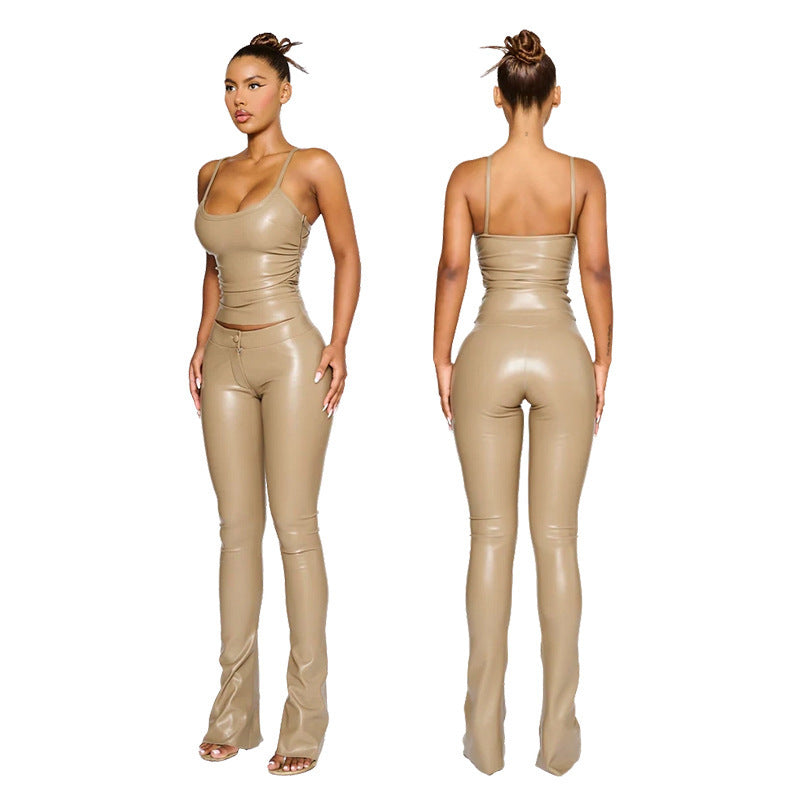 PU Leather Women's Solid Color Tank Top+ Trouser Pants 2-Piece Set