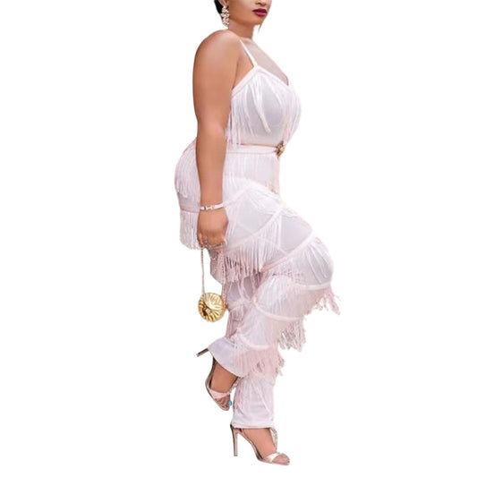 White Tassel Fringe Detail Sleeveless Spaghetti Strap Women's Solid Color Jumpsuit to 5X Plus Size