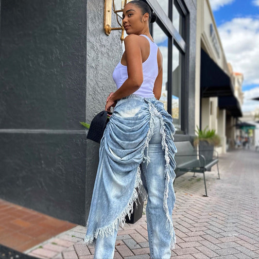 Denim Solid Color/Camoflauge Ruffled Tassel Fringe Design Women's Ruched Draped Layered Irregular Streetwear Jeans