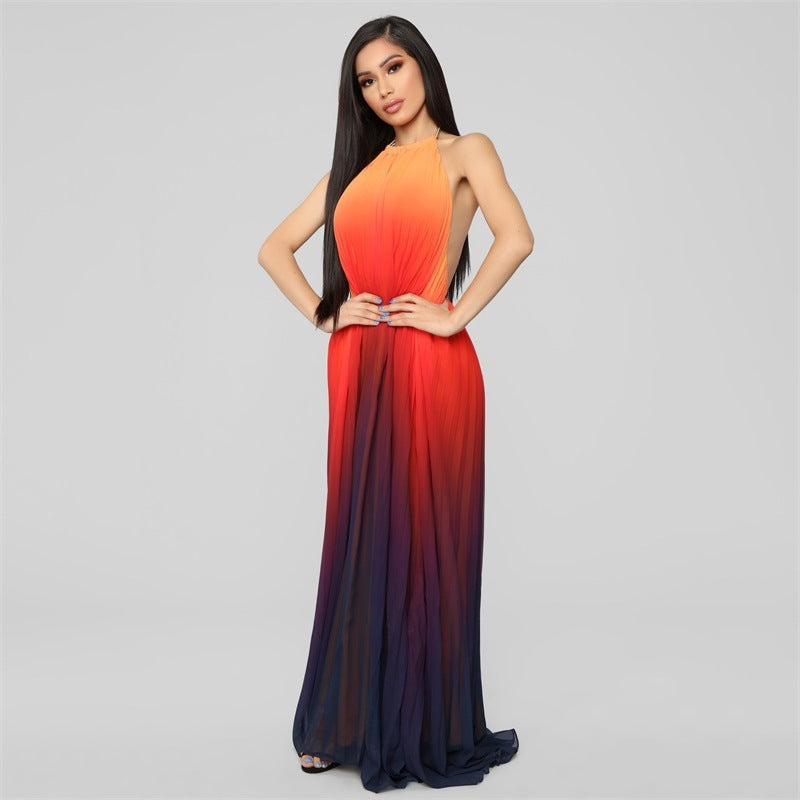 Gradient Colorblock Pleated Sleeveless Ruched Chiffon Halter Formal Maxi Dress