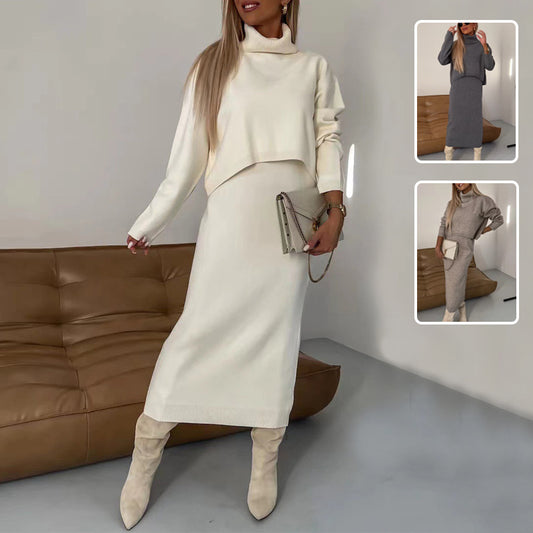 Turtleneck Pullover Long Sleeve Women's Sweater+ Sleeveless Dress 2-Piece Set