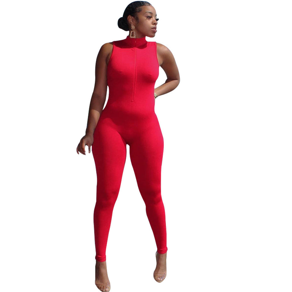 Sleeveless Women's Sports Skin Tight Zipper One-Piece Jumpsuit