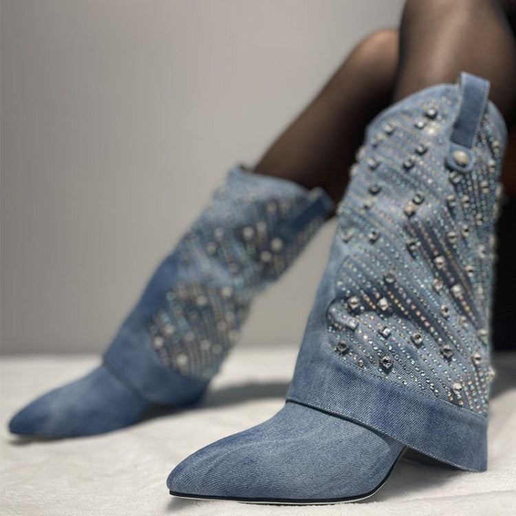 Denim Rhinestone Western Pointed Toe Stiletto Women's Jean Slouch Pipe Boots