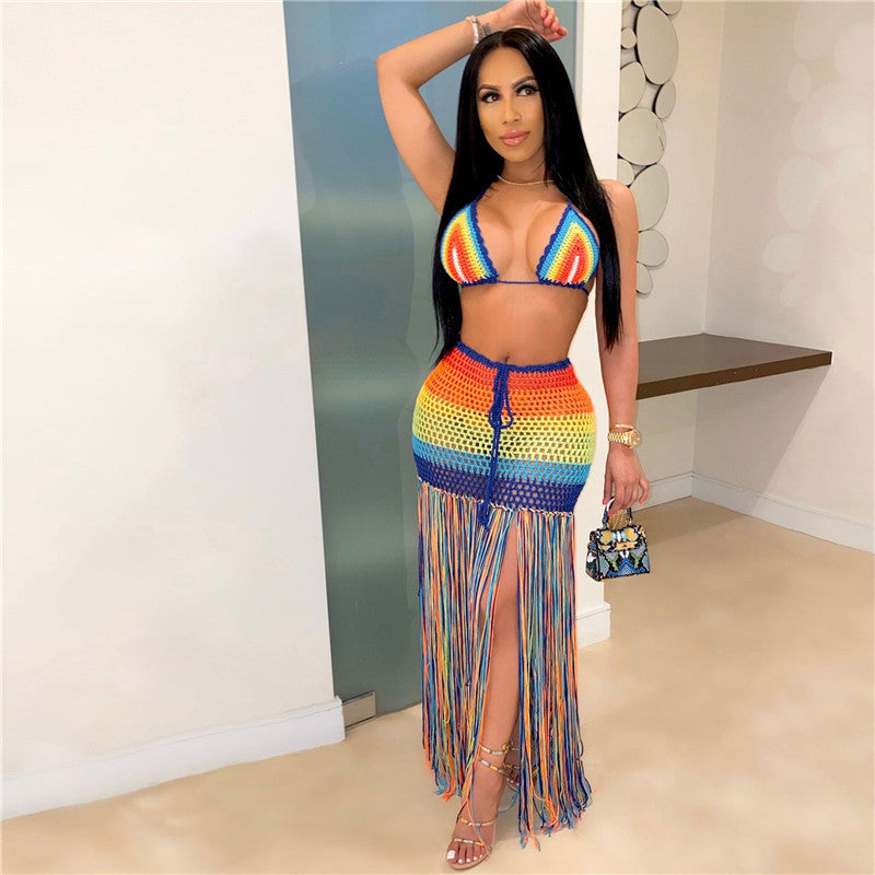 Crochet Rainbow Print Women's Bra + Hanging Tassel Fringe Skirt 2-Piece Set