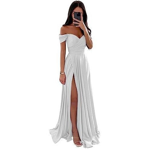 Off-the-Shoulder Corset Design Cinched Waist Solid Color Temperament Bridesmaid/Party Formal Maxi Dress
