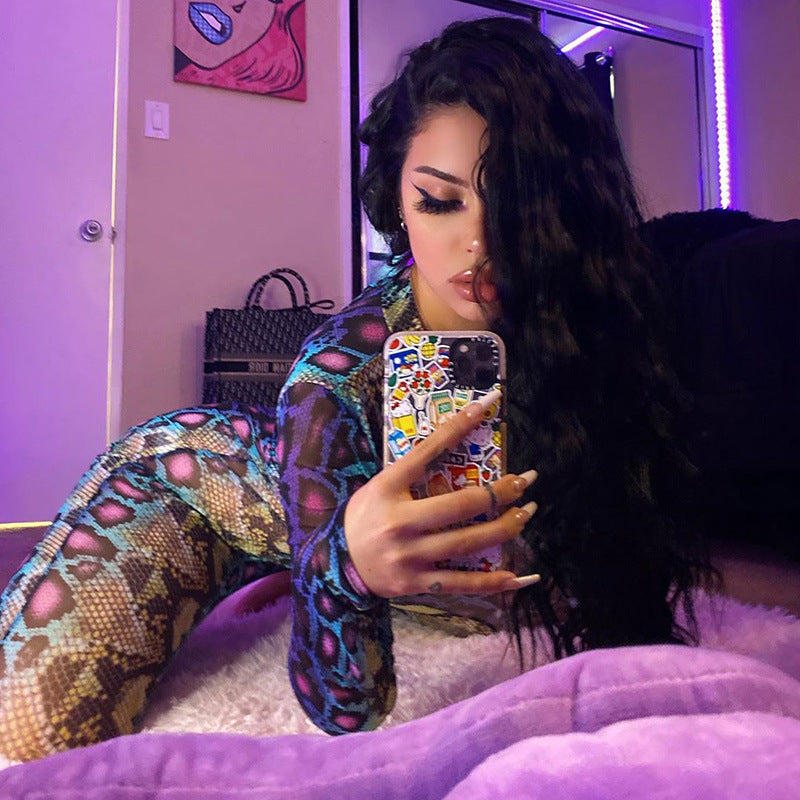 Snake Leopard Pattern Long Sleeve Skin Tight Bodycon Jumpsuit