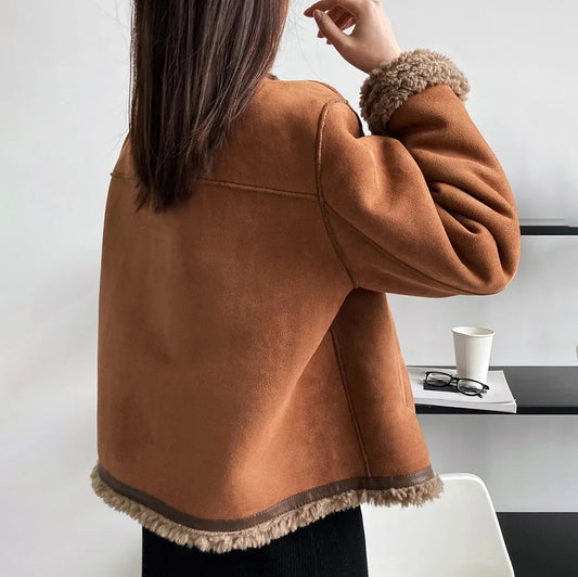 Lamb Faux Fur Plush Fleece Lined Mandarin Collar Women's Button-Up Jacket