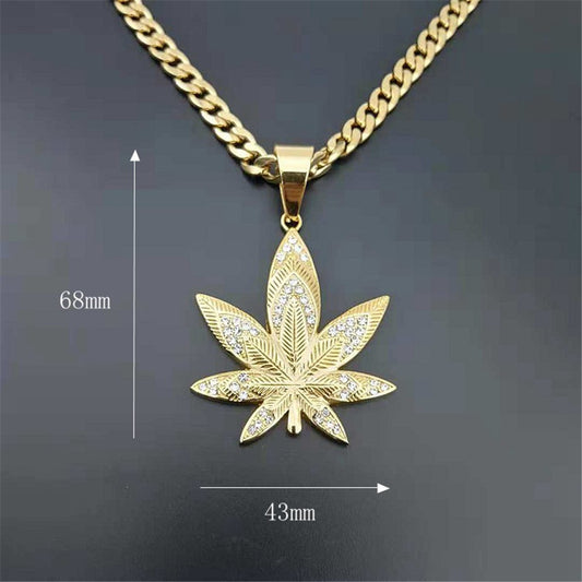 Diamond Ganga Hemp Leaf Pendant Hip-Hop Big Gold Chain Necklace
