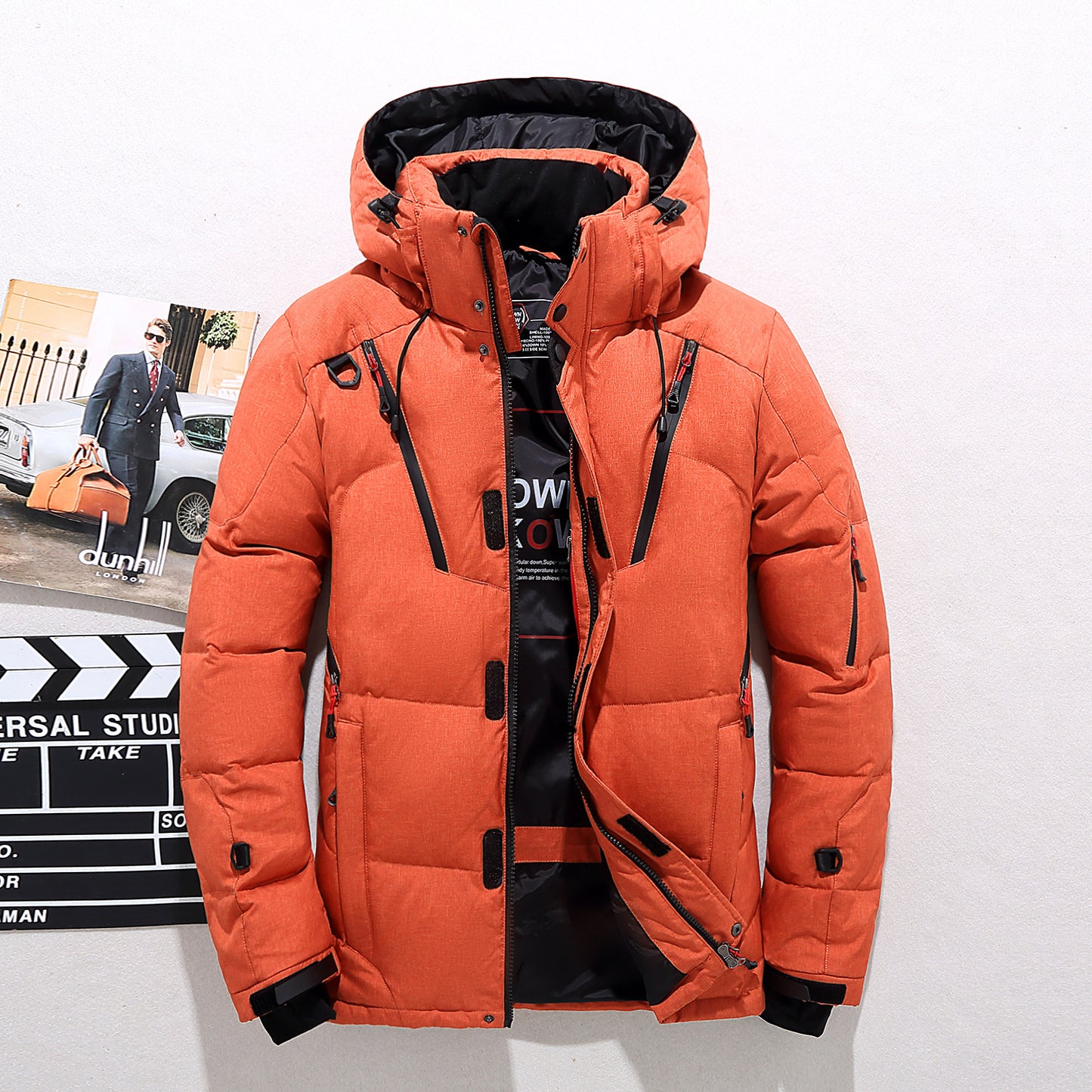 Padded Men's Zipper Patchwork Drawstring Design Detachable Hooded Goose Down Puffer Jacket
