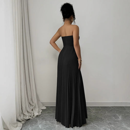 French Sleeveless Pleated Closet Top Solid Color Maxi Formal Tube Dress