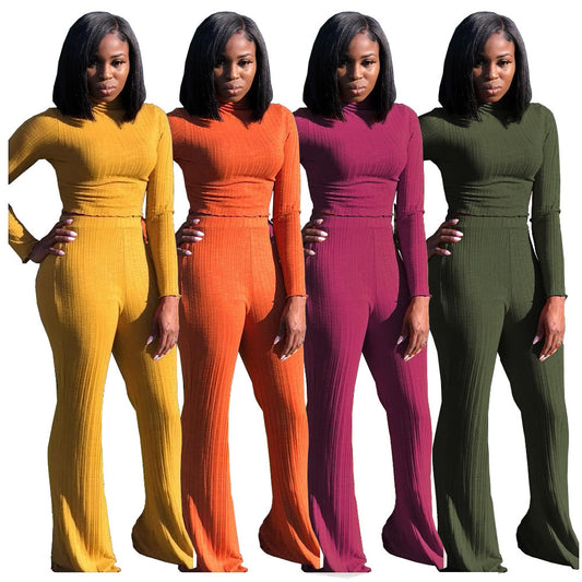 Ribbed Turtleneck Long Sleeve O-Neck Women's Long Sleeve Crop Top + Wide Leg Leggings 2-Piece Set