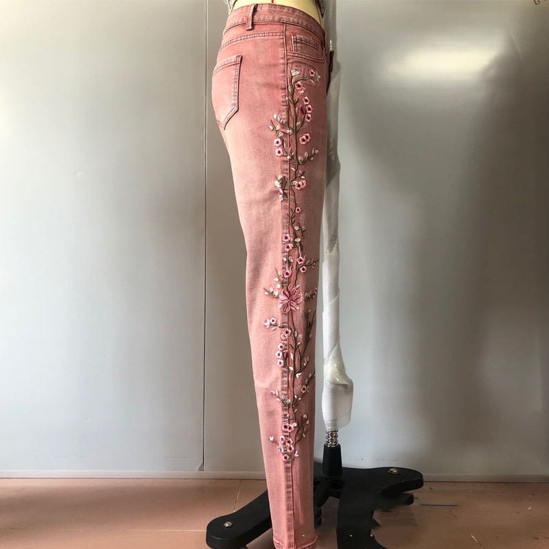 Faded Denim Flower Embroidered Colorblock Retro Straight Leg Women's Jeans to 3X Plus Size