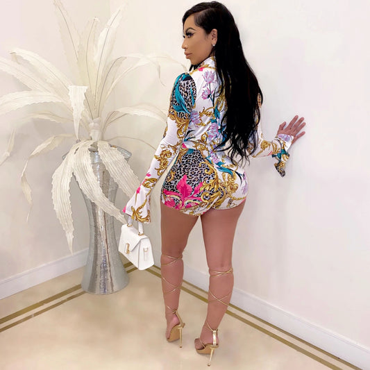 Baroque Print Deep V-Neck Long Sleeve Women's Shorts One-Piece Romper